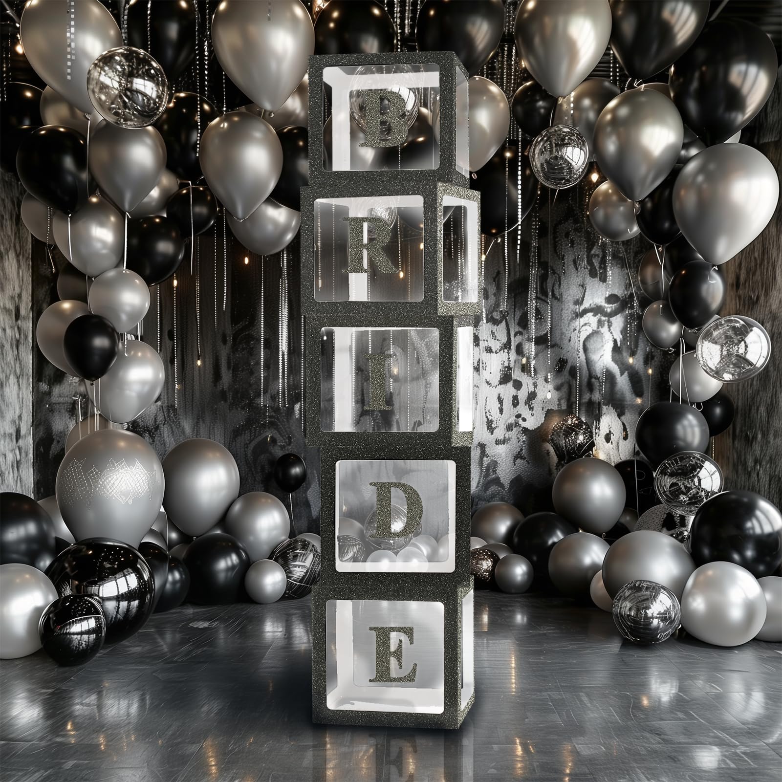 Ledido Black Glitter Transparent Balloon Boxes,Baby Boxes with Letters for Baby Shower Letter Box With 78 Letters Clear Balloon Boxes for Graduation Prom Party, Birthday, Halloween,4PCS