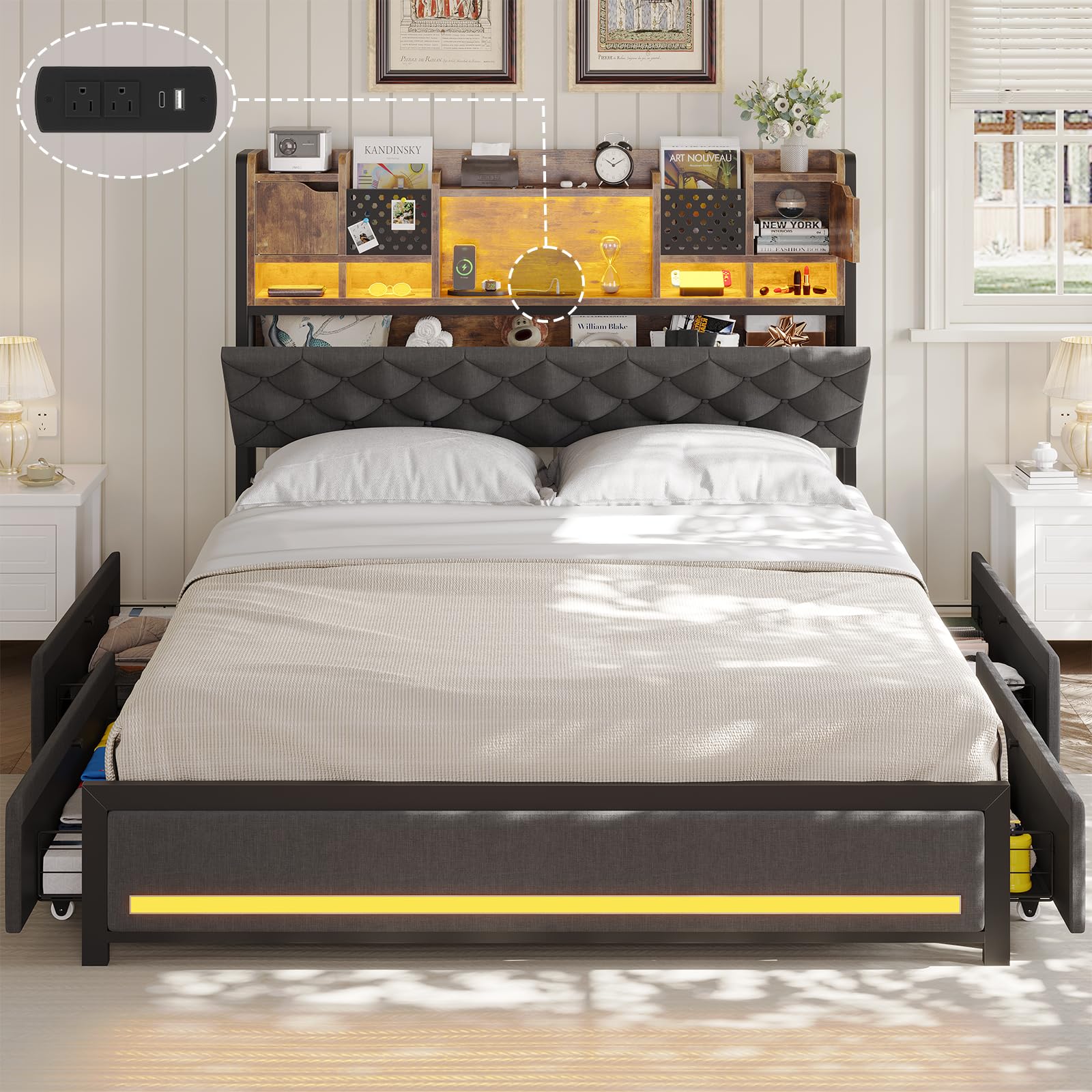 busyaeh Queen Bed Frame with Storage Bed with 4 Drawers Bookcase Headboard Bed Frame with LED Lights and Bookcase Headboard LED Bed Frame with Storage and Charging Station Vintage Brown