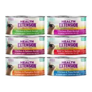 health extension wet cat food canned bundle - chicken pate, chicken & duck, chicken & salmon, gravy beef & salmon, chicken & tuna, chicken & pumpkin (2.8oz each) - all life stages