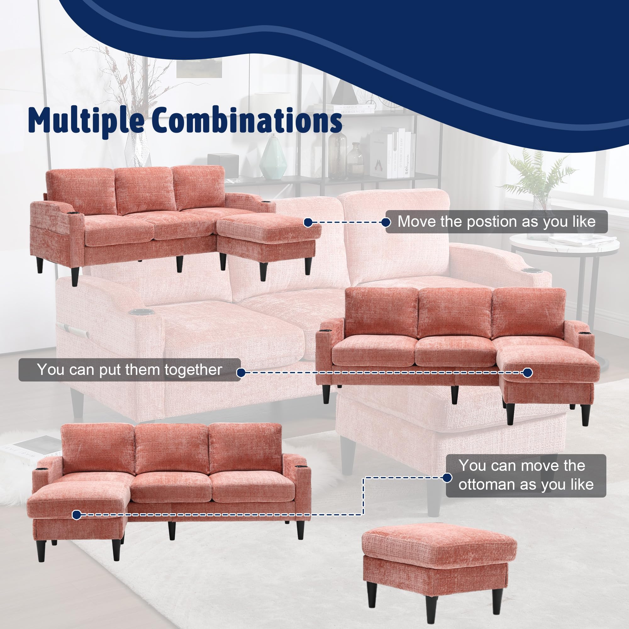 MOONMISS Convertible Sectional Sofa, 3 Seat L Shaped Sofa with Removable Pillows, Compact Spaces w/Reversible Ottoman Bench, Upholstered Sectional Couch for Living Room, Apartment, Dorm,Pink