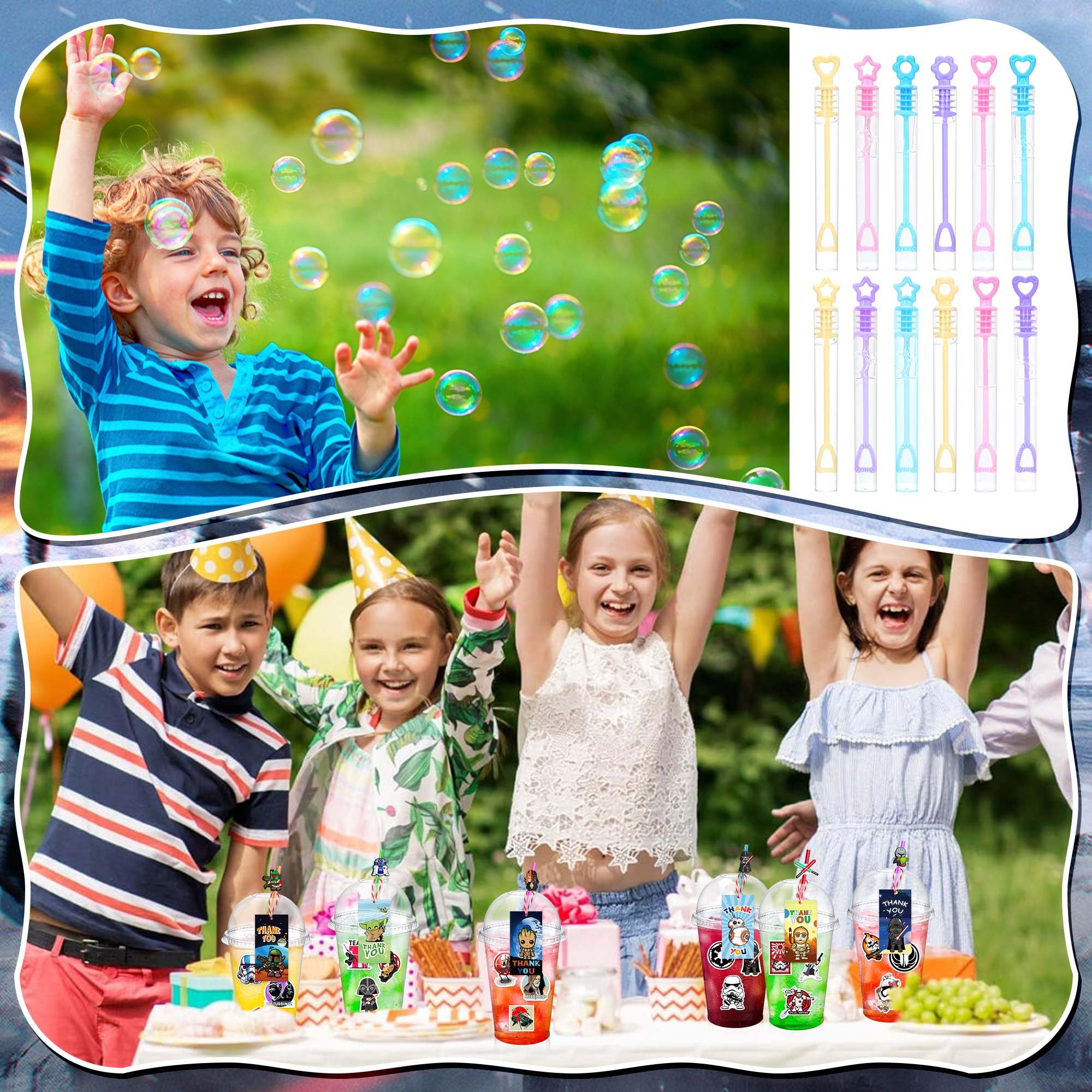 Kids Birthday Party Supplies - 146Pcs Party Favor Set Include 12 Cups, 12 Sticks Straw, 12 Keychains, 12 Face Stickers, 12 Thanks Cards, 12 Bubble Sticks, 12 Stamps, etc Gift for Kids Boys Girls