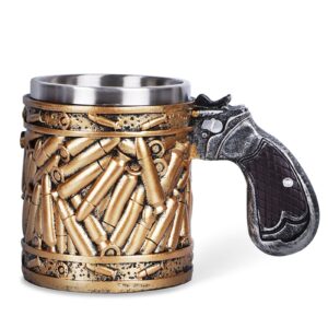 gun mug, gun handle coffee mug, stainless steel bullet pattern beer mug, unique coffee mugs, fathers day dad gifts, birthday gifts for men (15 oz)