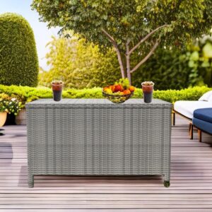 SUNNYFURN 120 Gallon Wicker Deck Box, Patio Deck Box Outdoor Storage Box, Patio Rattan Deck Box, Rattan Outdoor Bins, with Wheels Large Storage Bench Box, for Patio Furniture, Outdoor, Grey