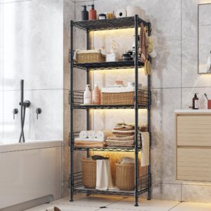 REIBII 5-Tier Storage Shelves Wire Shelving Unit with Side Blockers Adjustable Metal Shelves for Storage Rack with 5 Hooks & Shelf Liners Metal Shelving for Small Space, Kitchen Bathroom Closet Pantry