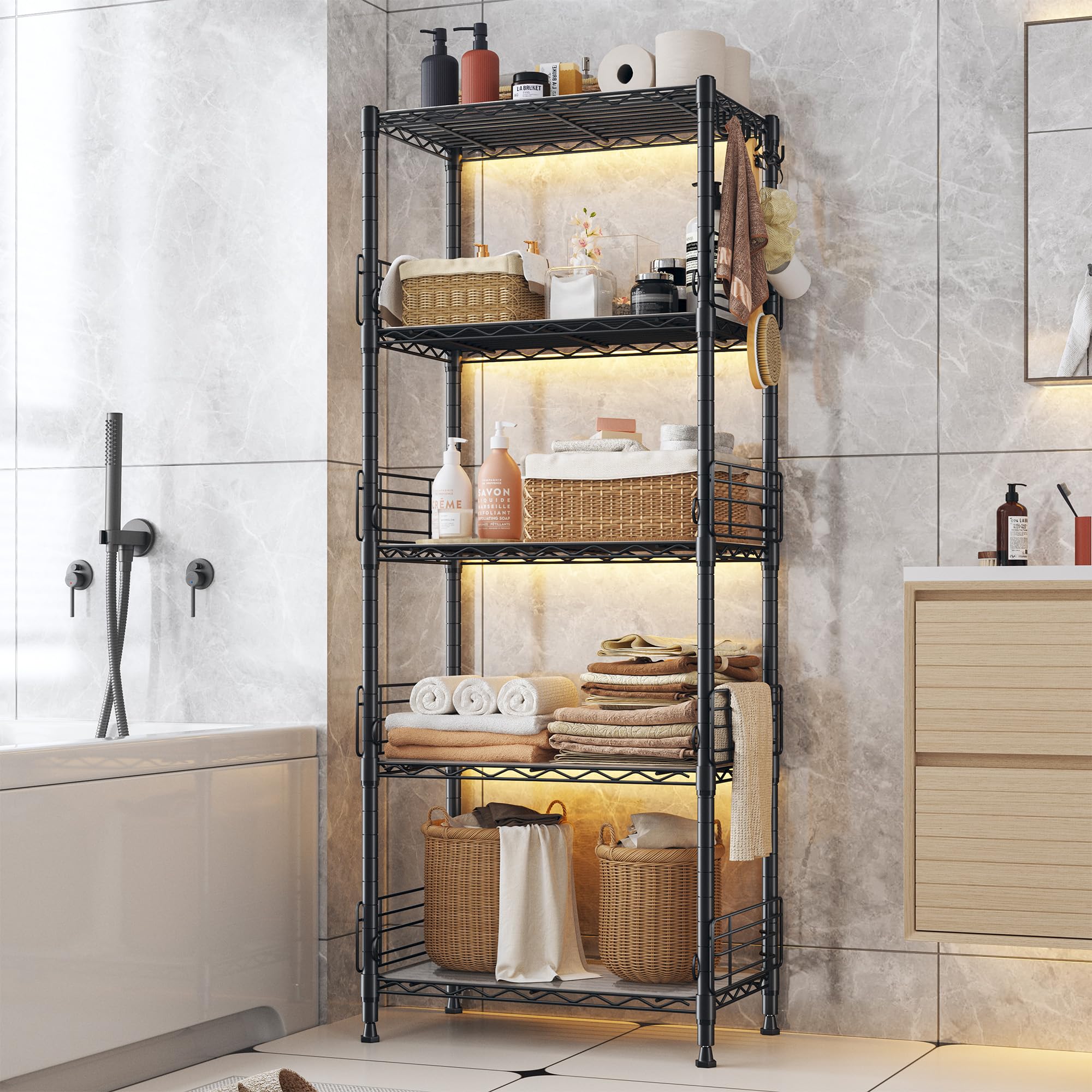 REIBII 5-Tier Storage Shelves Wire Shelving Unit with Side Blockers Adjustable Metal Shelves for Storage Rack with 5 Hooks & Shelf Liners Metal Shelving for Small Space, Kitchen Bathroom Closet Pantry