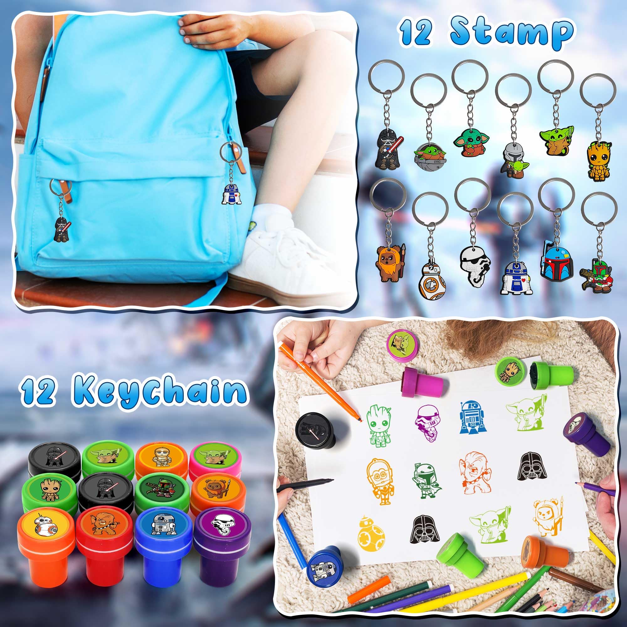 Kids Birthday Party Supplies - 146Pcs Party Favor Set Include 12 Cups, 12 Sticks Straw, 12 Keychains, 12 Face Stickers, 12 Thanks Cards, 12 Bubble Sticks, 12 Stamps, etc Gift for Kids Boys Girls