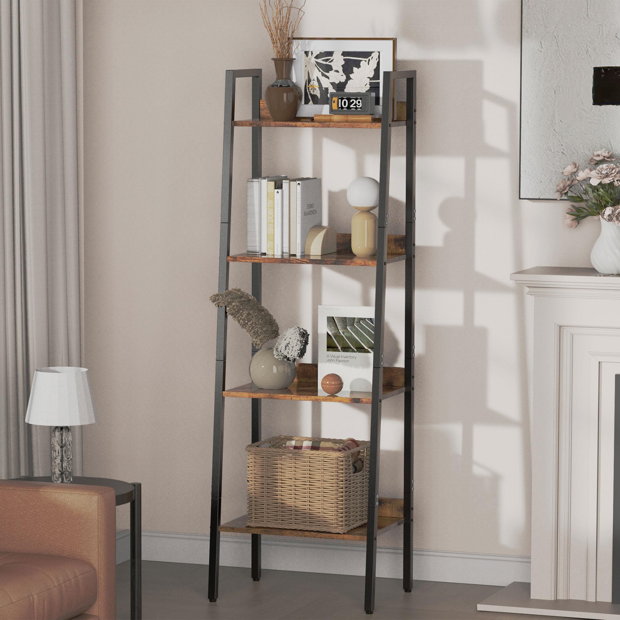 Bookshelf, Ladder Shelf with Steel Frame, 4-Tier Industrial Bookcase, Narrow Tiered Shelf for Small Space, Corner Shelf for Living Room, Home Office, Kitchen, Bedroom, Bathroom（Rustic Brown & Black）