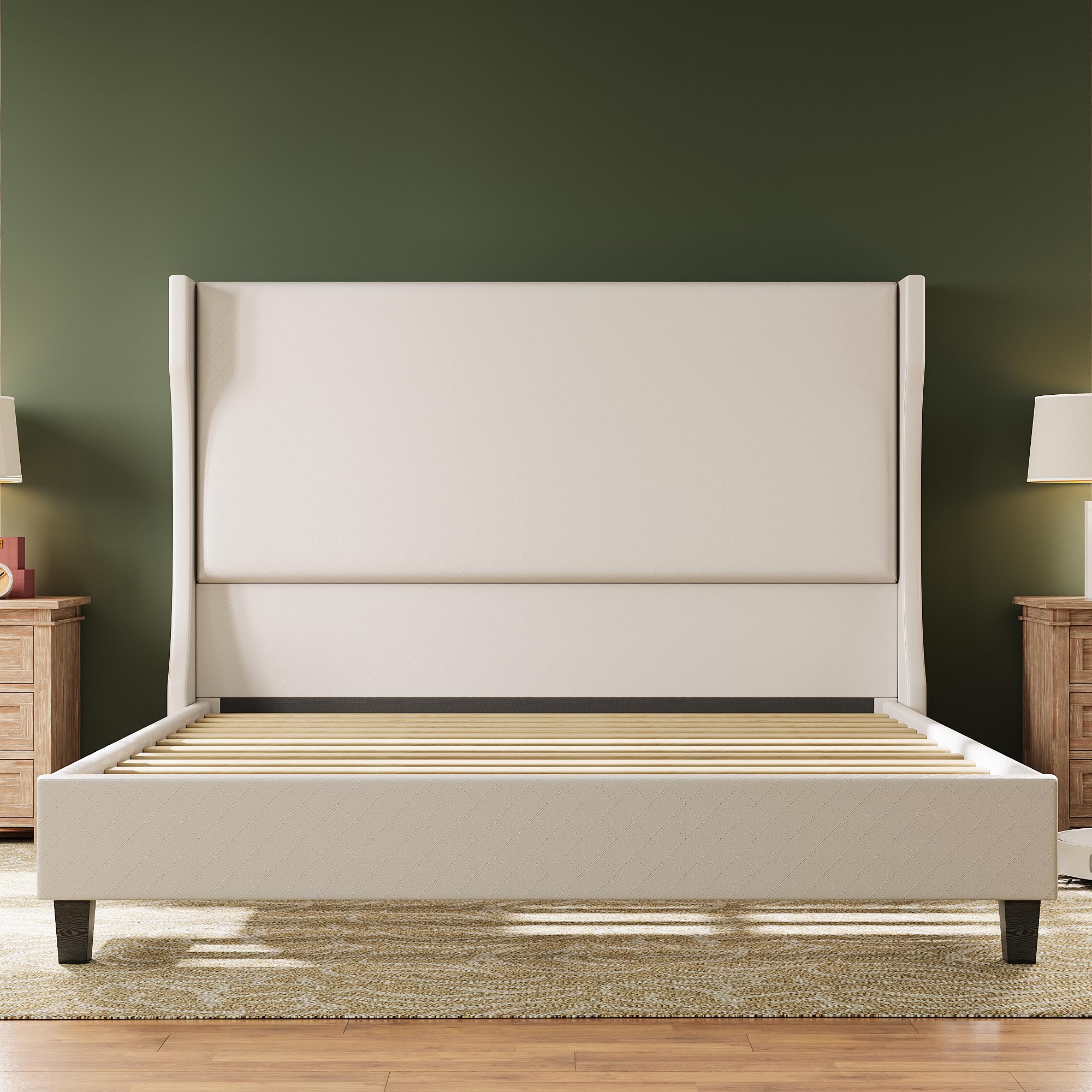 LIKIMIO King Bed Frame with 53.6" High Headboard, Upholstered Cama King Beds with Wood Slat Supports, No Box Spring Required, Easy Assembly, Cream