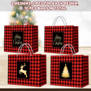 12 Pcs Large Christmas Gift Bags Bulk, 250g Gift Box-Grade Sturdy White Cardboard Xmas Paper Goodie Bags with Handles, 12.6"x9.84"x6.7" Christmas Wrapping Bags Holiday Party Favor Treat Gift Bags