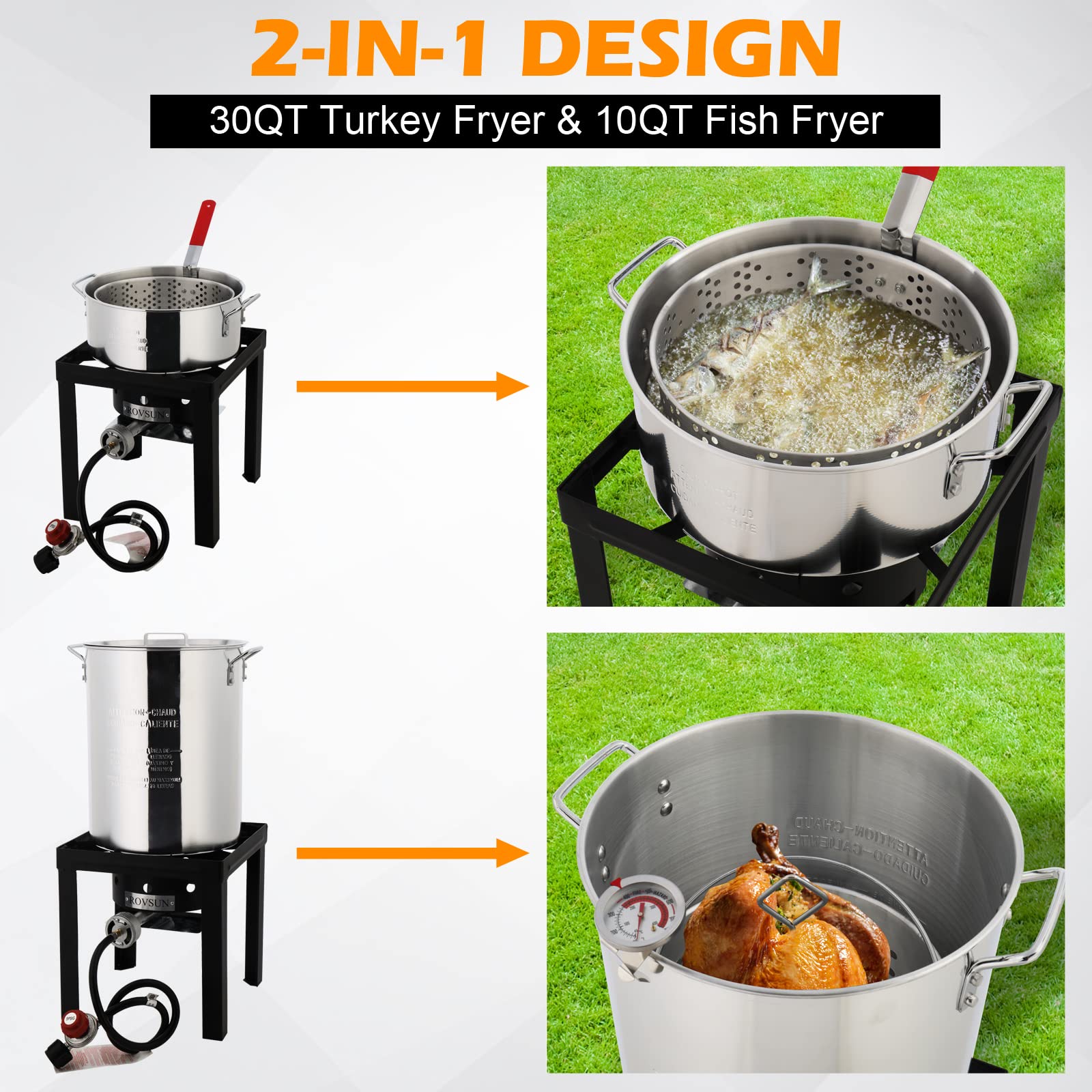 Bonnlo 30QT Outdoor Turkey Fryer & 10QT Fish Fryer with 55000BTU Propane Buner for Outdoor Cooking, Outdoor Deep Fryer w/Aluminum Pot, Basket & Stand Set, Ideal for Turkey Frying & Seafood Boiling