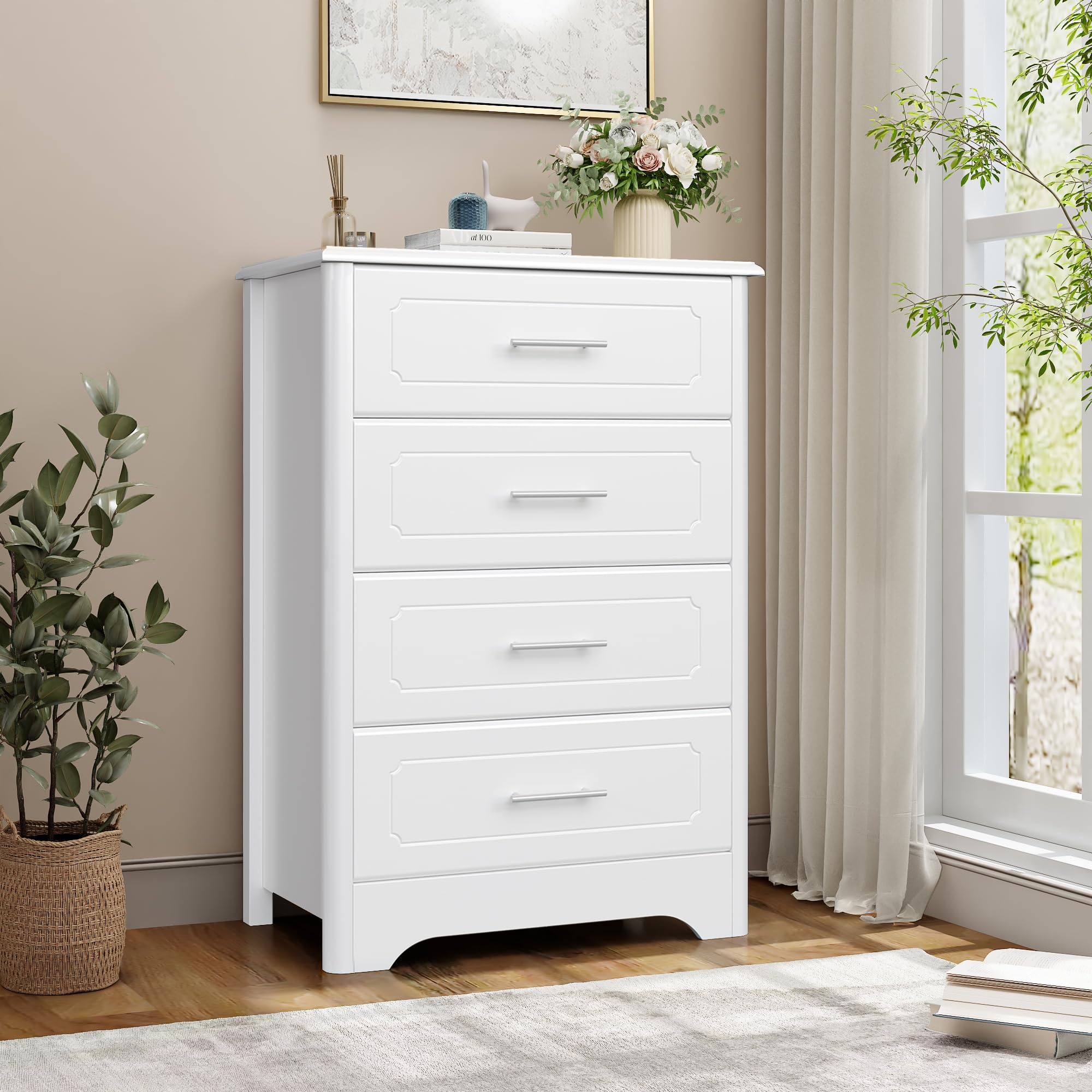 HITHOS Modern 4 Drawer Dresser for Bedroom, White Narrow Dresser Chest with Deep Drawers, Wood Chest of Storage Drawers, Tall Nightstand for Living Room, Bathoom, Entryway, Hallway, White