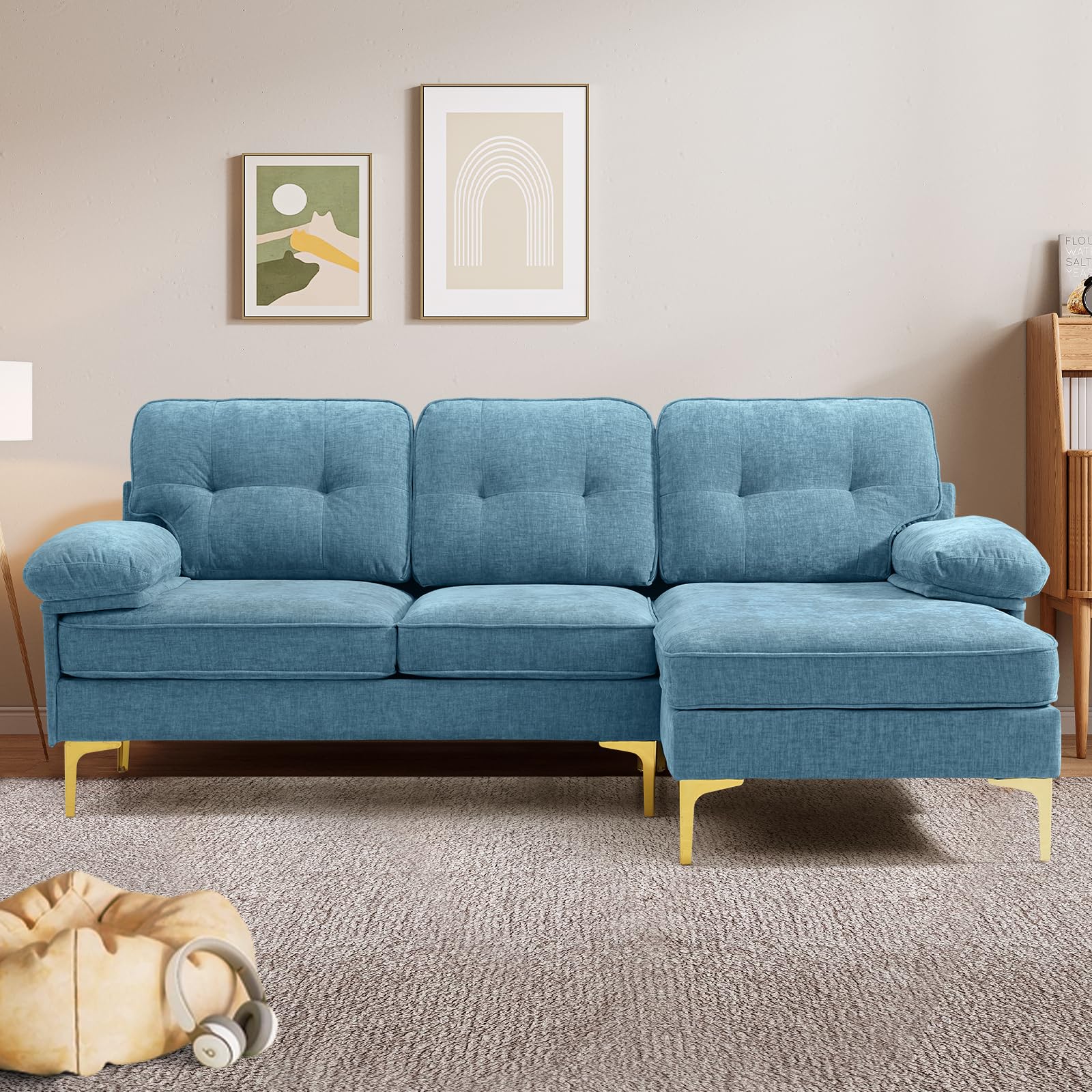 EASELAND Chenille L Shaped Sleeper Sofa, 83” Couch for Living Room, Comfy Couch for Bedroom with Convertible Chaise, Thick Wide Cushion, Couch with Fluffy Armrests, Metal Legs, Washable Cover(Blue)