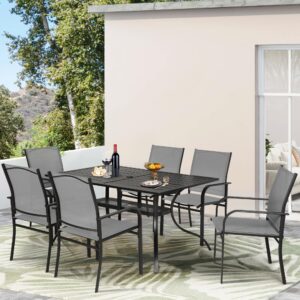 Crownland 7 Piece Patio Dining Set, Outdoor Textilene Dining Sets, 6 Textilene Metal Chairs and Rectangular Outdoor Dining Table with 1.57" Umbrella Hole (Grey)