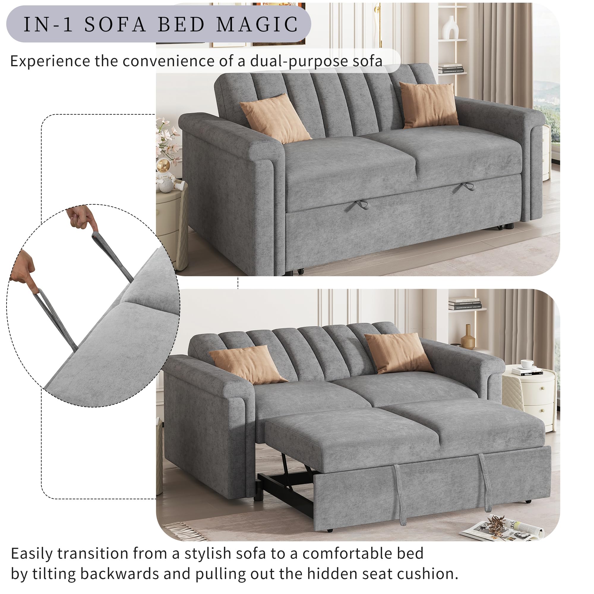 Amposei Convertible Loveseat Couch Small Sleeper Sofa with Pull-Out Bed for Small Spaces, Living Room, Apartment, Easy Assembly, Gray