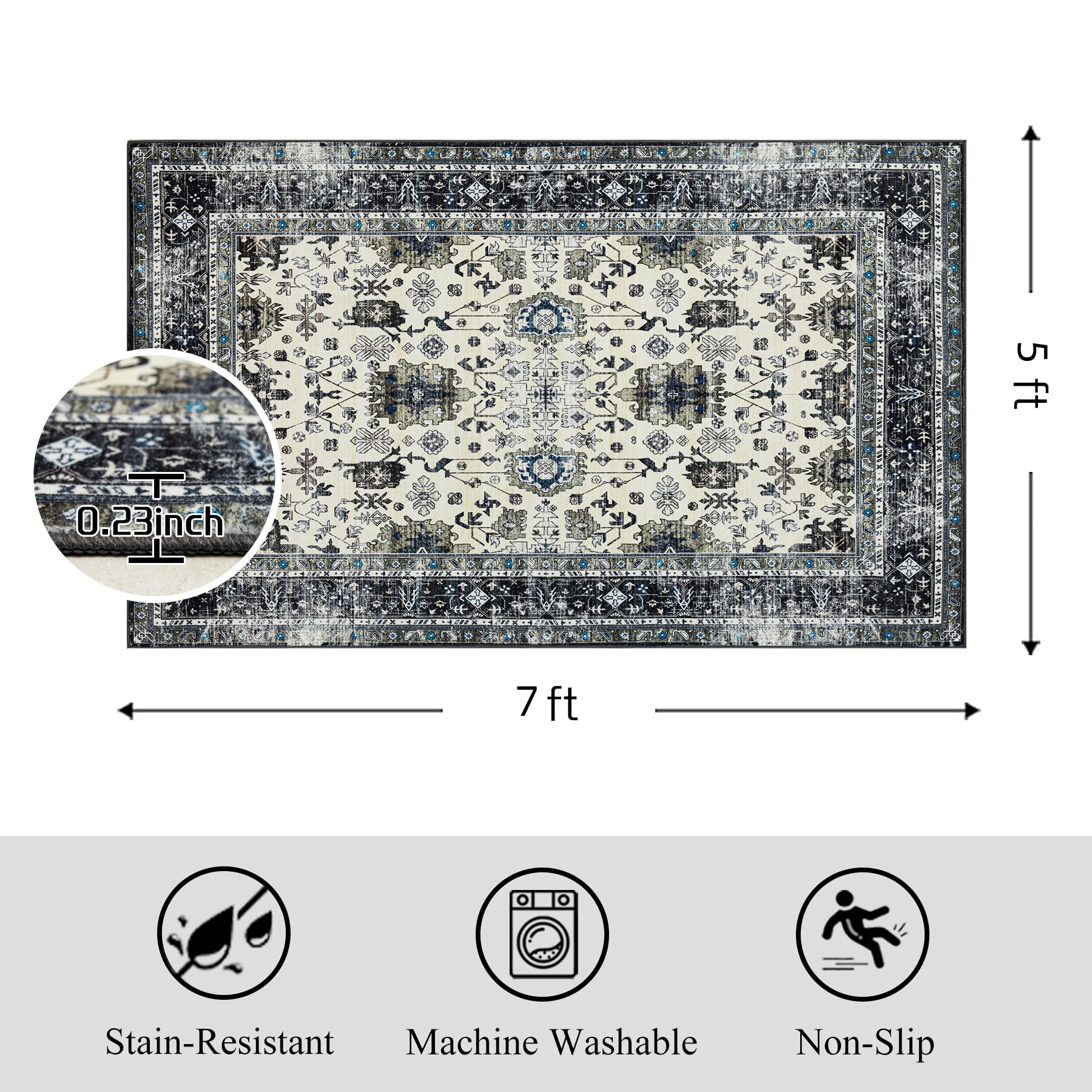 Ruaruarug Area Rug Non Slip Machine Washable Ultra Soft Outdoor/Living Room/Classroom/Bedroom/Kitchen (White Gray, 5'×7')