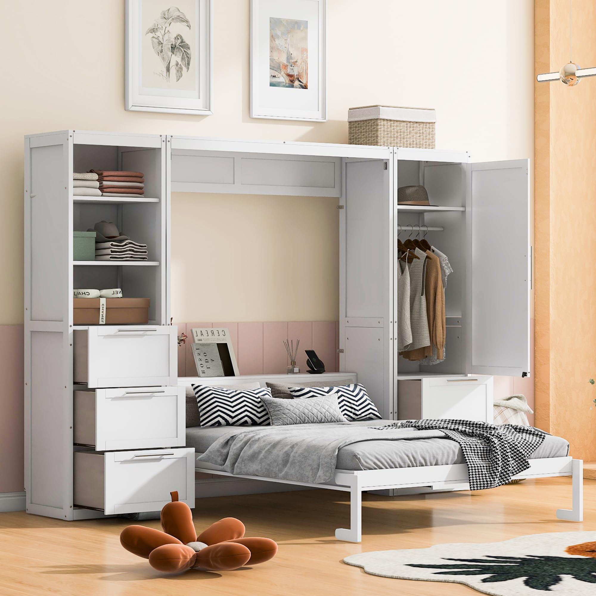 Hlcodca Queen Size Murphy Bed Wall Bed with Closet,Drawers and Shelves, Space-Saving for Multipurpose Guest Room Or Home Office (White-rr)