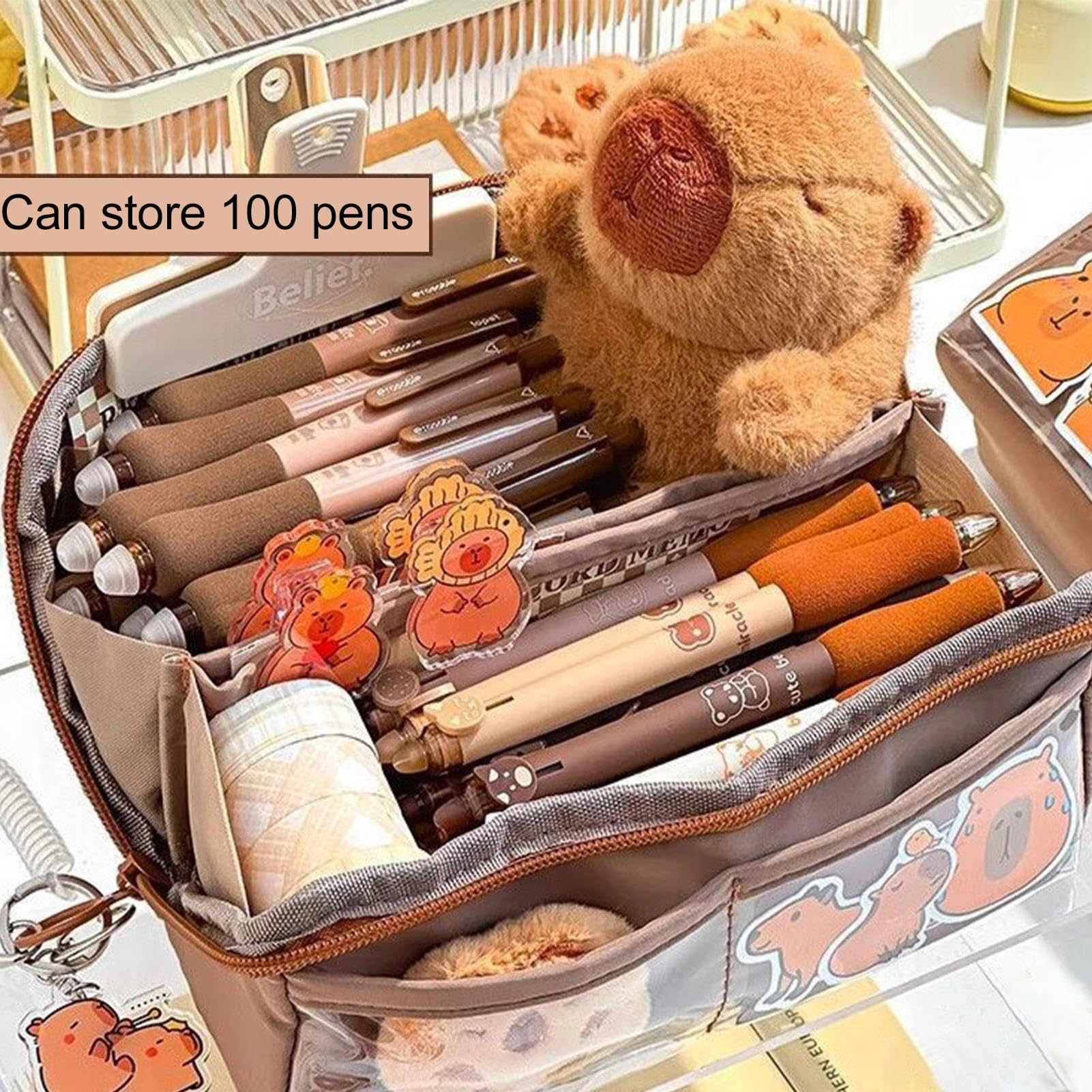 GUANGLU Cute Capybara Pencil Case, Capybara School Supplies, Large Capacity Wide Opening Mouth Pencil Pouch with Cute Pins Plush Stickers Pendant and Memo Pad