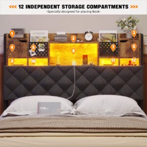 busyaeh Queen Bed Frame with Storage Bed with 4 Drawers Bookcase Headboard Bed Frame with LED Lights and Bookcase Headboard LED Bed Frame with Storage and Charging Station Vintage Brown