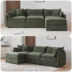 ChicFurnit Couch, L-Shaped Sectional Sofa, Luxury Chenille Fabric Sofa Couch with Foam Cushions, Comfy Upholstered Modular Sofa with Ottoman for Living Room, Apartment & Office, Green