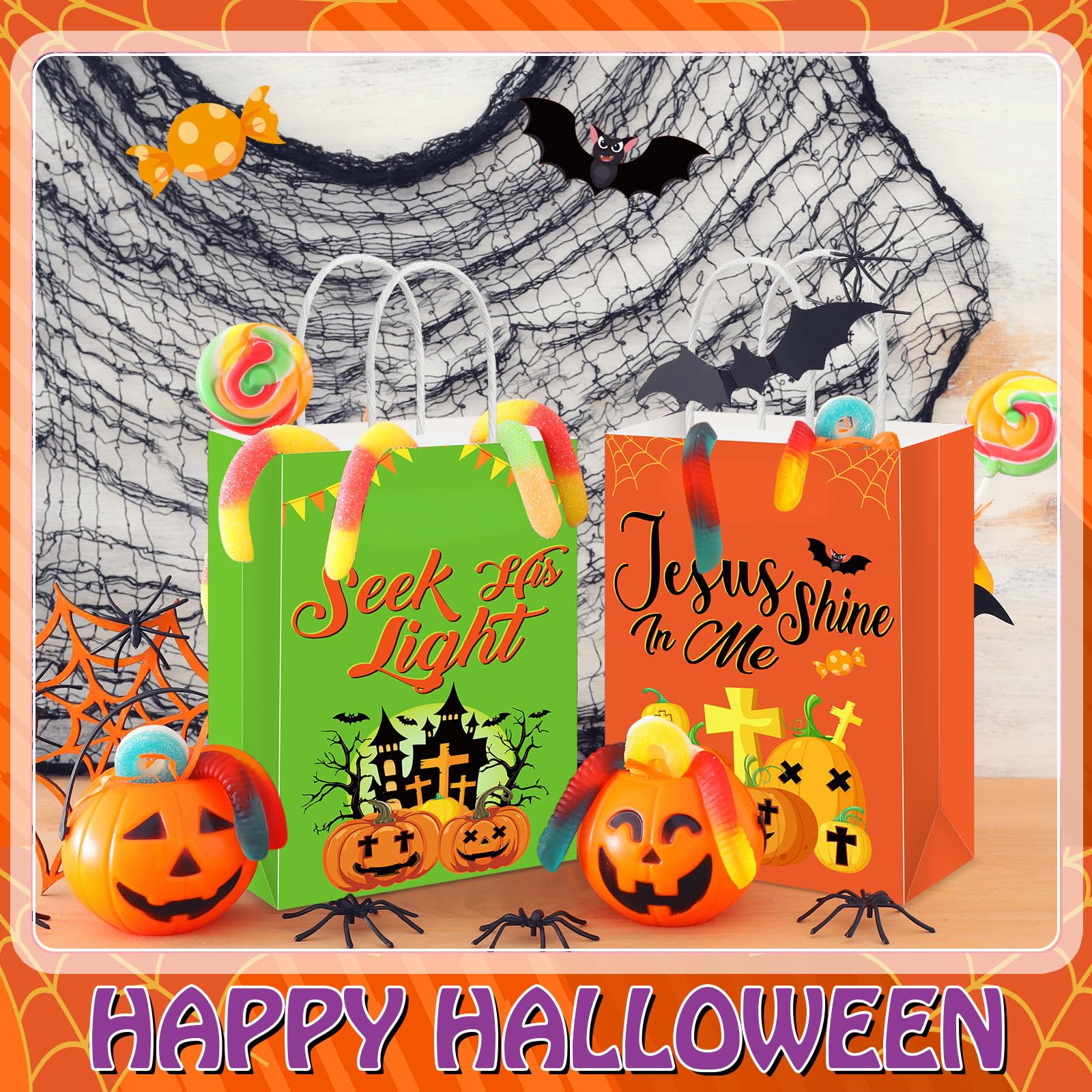 Trandraft 48 Pieces Christian Halloween Paper Bags Bulk Jesus Halloween Treat Bags with Handle Religious Halloween Paper Goodie Bags Small Candy Bags for Halloween Party Decor Gift