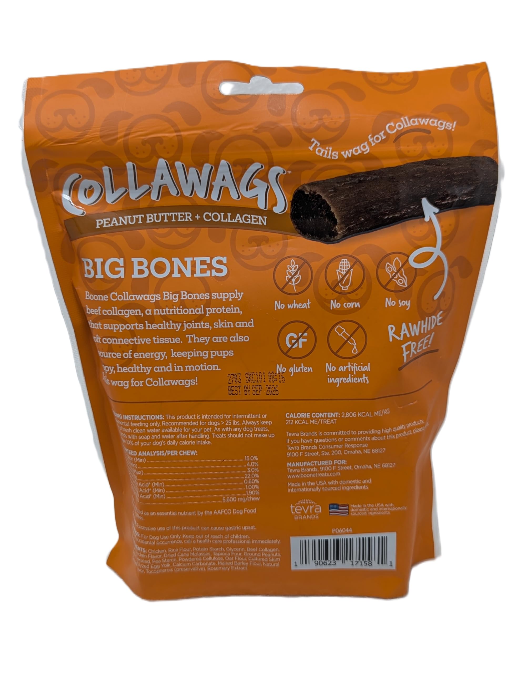 Peanut Butter + Collagen Big Bones for Dogs, 6 Pack - Rawhide-Free, Highly Digestible, All-Natural Ingredients, 10 oz (283g)