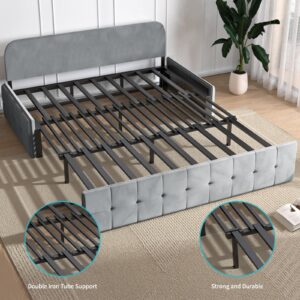 CECER Queen Size Pull Out Sofa Bed, Guest Couch Bed with 2 Pillows, Velvet Convertible Sleeper Sofa with Foldable Mattress, 3 in 1 Armless Loveseat Bed for Living Room，Small Space(Light Grey)