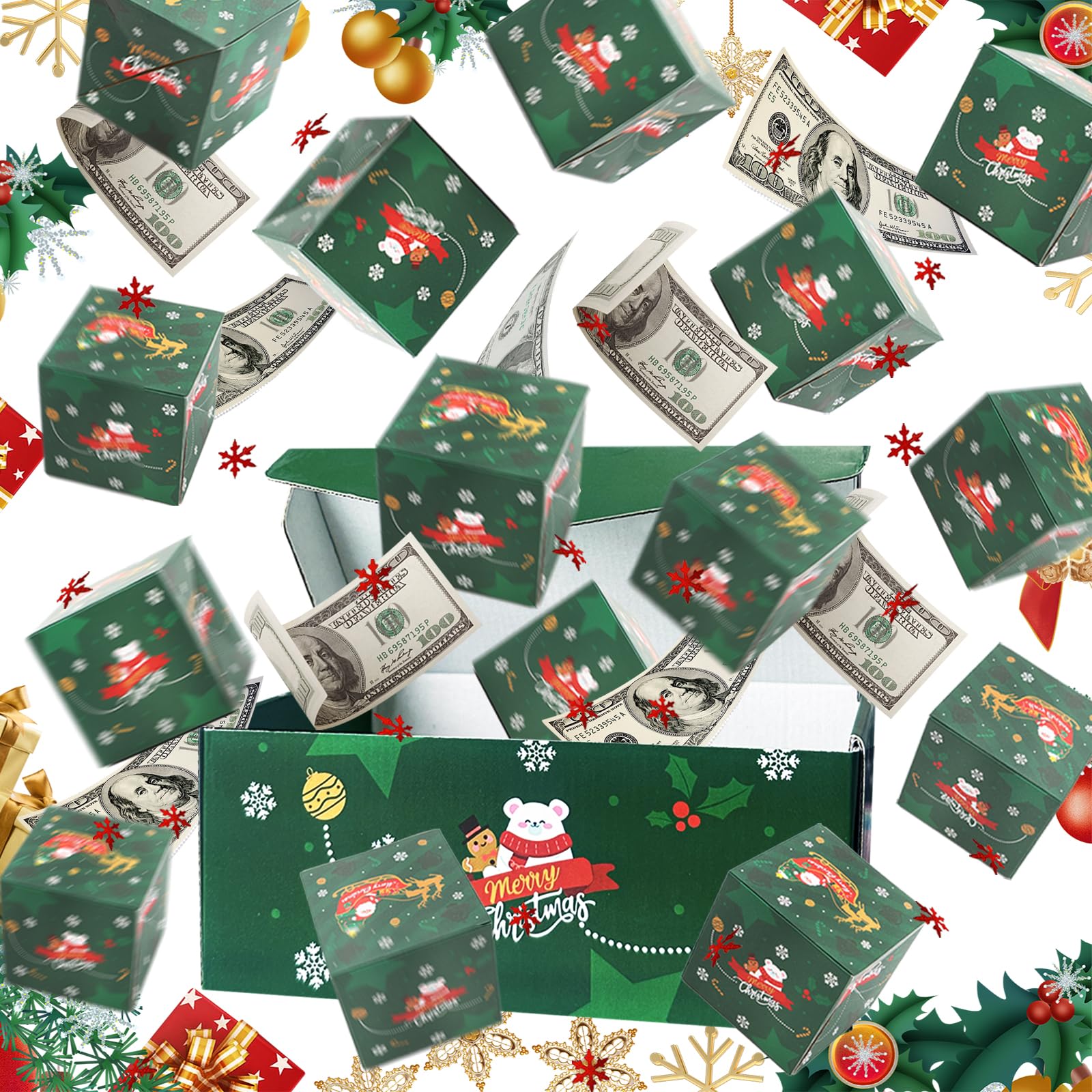 Xmas Surprise Gift Box Explosion for Money, Unique Folding Bouncing Red Envelope Gift Box with Confetti, Cash Explosion Luxury Gift Box for Christmas Mom Birthday Anniversary Valentine Proposal (15 Bounces) (Green)