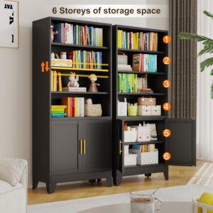 71"H Metal Bookcases and Bookshelves with 2 Doors and Adjustable Shelves，Tall Storage Cabinet Industrial Bookshelf 6-Tier Open Display Shelf，Decor Furniture for Home, Office, Living Room, Bedroom