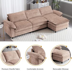 113.5" L Shaped Sectional Sofa, Modern Modular Cloud Couch with Movable Ottoman, 3 Seat Couches for Living Room, Apartment, Camel Chenille