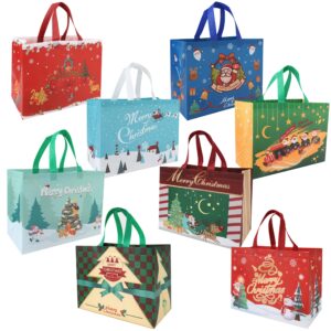 qirrmiy 8-pack large christmas gift bags with handle, reusable non-woven holiday bags, red, green and blue tote bags for xmas party favors holiday presents and decorations 12.8” x 9.8" x 6.7”, 8 pcs