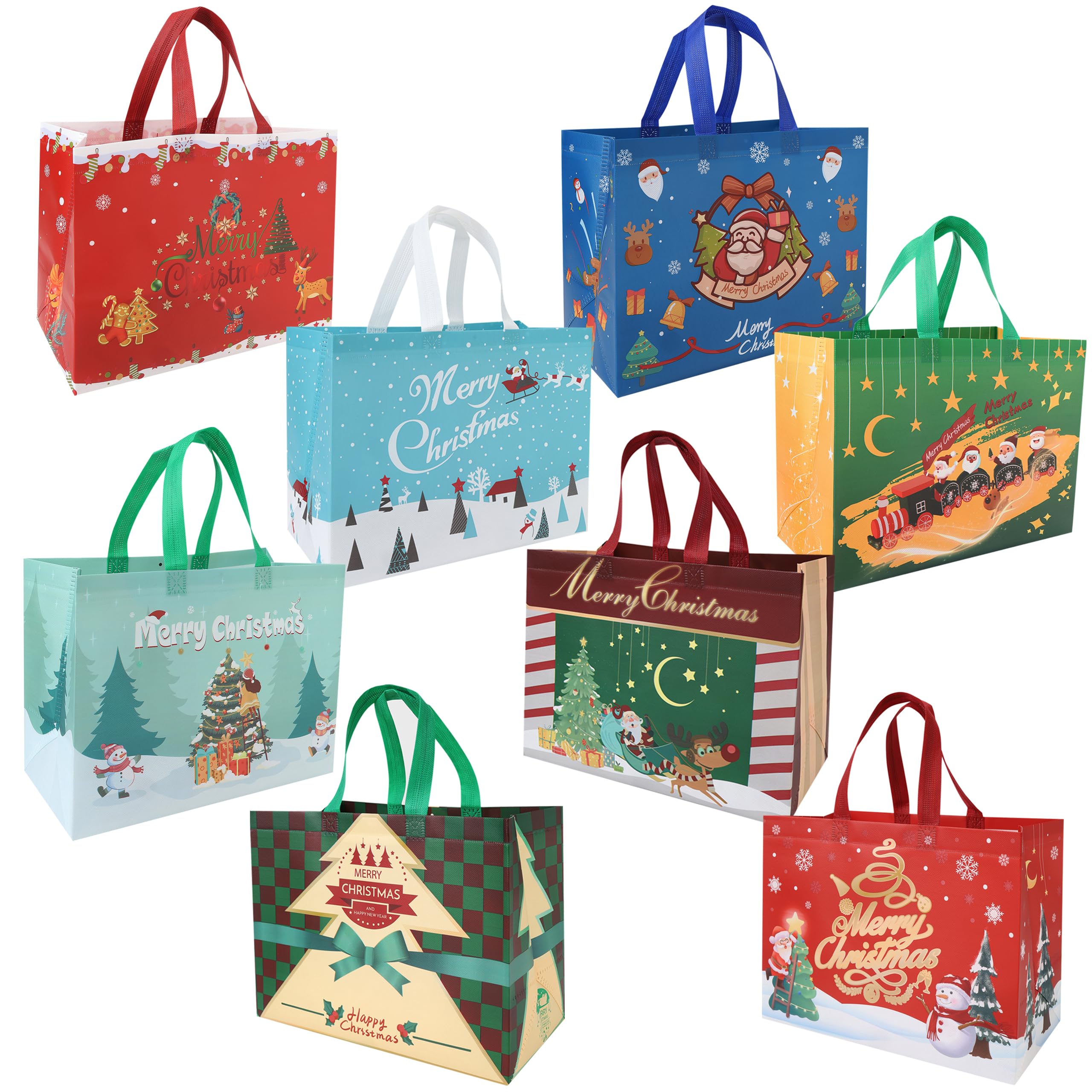 Qirrmiy 8-Pack Large Christmas Gift Bags With Handle, Reusable Non-Woven Holiday Bags, Red, Green and Blue Tote Bags for Xmas Party Favors Holiday Presents and Decorations 12.8” x 9.8" x 6.7”, 8 Pcs