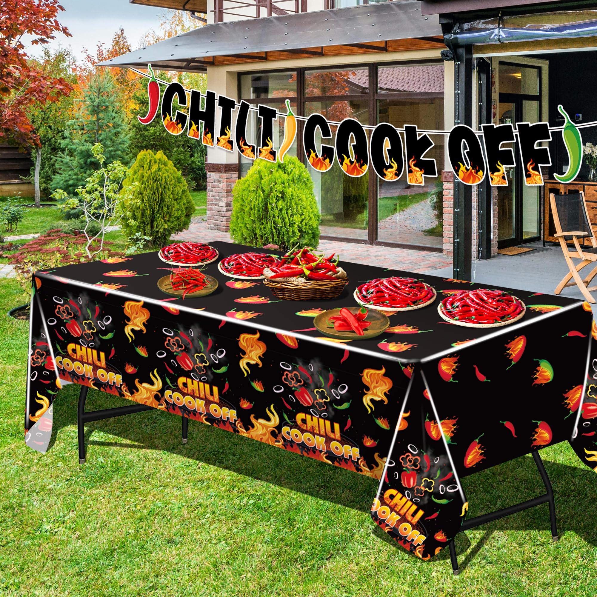 Iceyyyy 4 Pcs Black Chili Cook Off Table Decorations Set-108" x 54" Chili Pepper Flame Table Covers 33 Ft Cooking Chili Contest Banner-Disposable Chili Pepper Party Decorations for Party Supplies