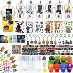 kids birthday party supplies - 146pcs party favor set include 12 cups, 12 sticks straw, 12 keychains, 12 face stickers, 12 thanks cards, 12 bubble sticks, 12 stamps, etc gift for kids boys girls