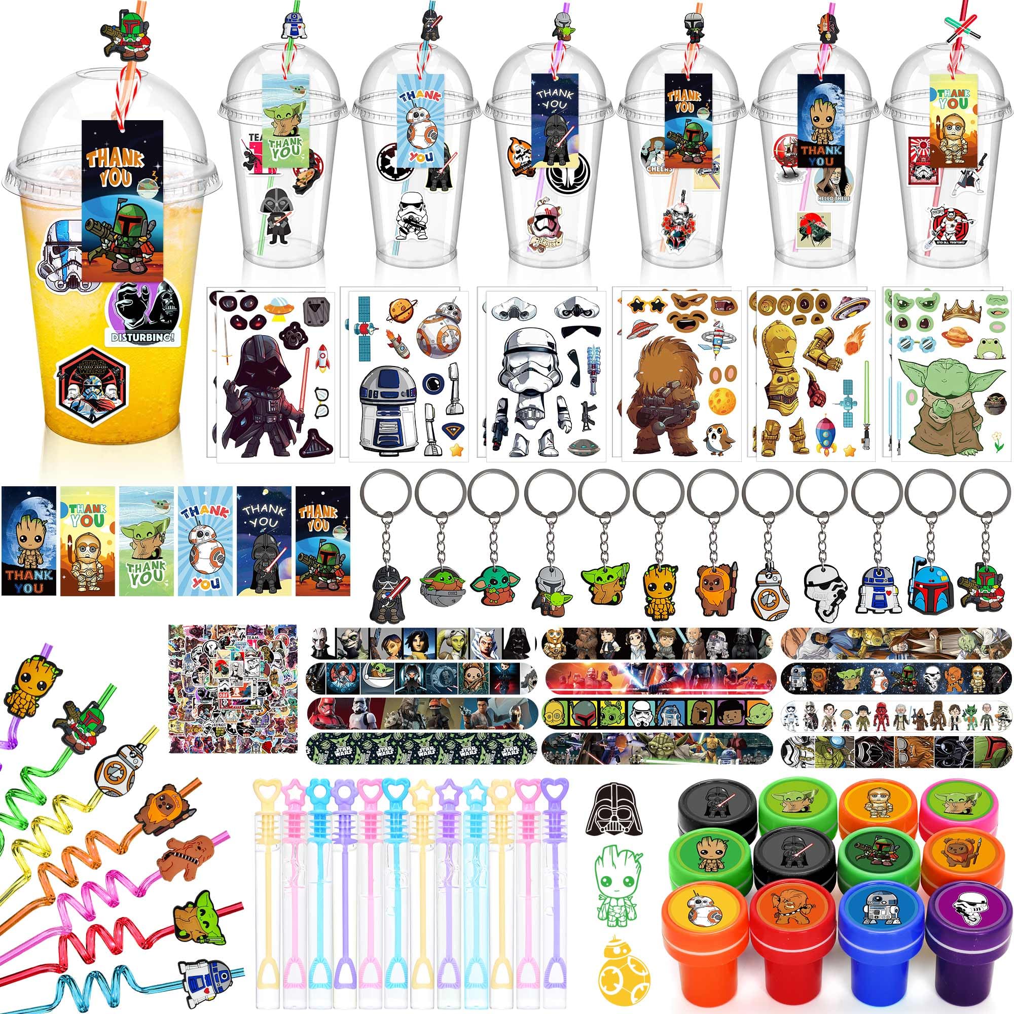 Kids Birthday Party Supplies - 146Pcs Party Favor Set Include 12 Cups, 12 Sticks Straw, 12 Keychains, 12 Face Stickers, 12 Thanks Cards, 12 Bubble Sticks, 12 Stamps, etc Gift for Kids Boys Girls