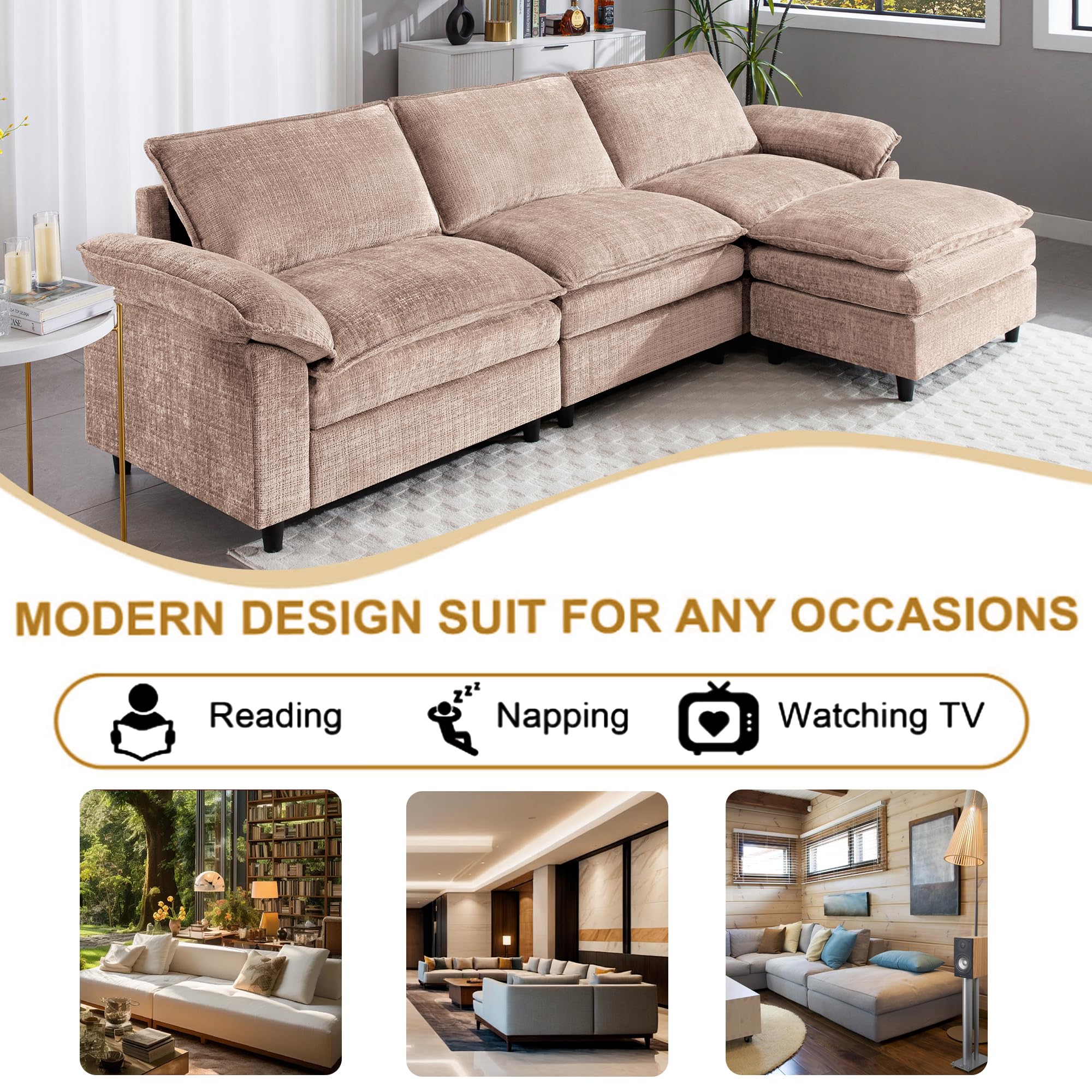 113.5" L Shaped Sectional Sofa, Modern Modular Cloud Couch with Movable Ottoman, 3 Seat Couches for Living Room, Apartment, Camel Chenille