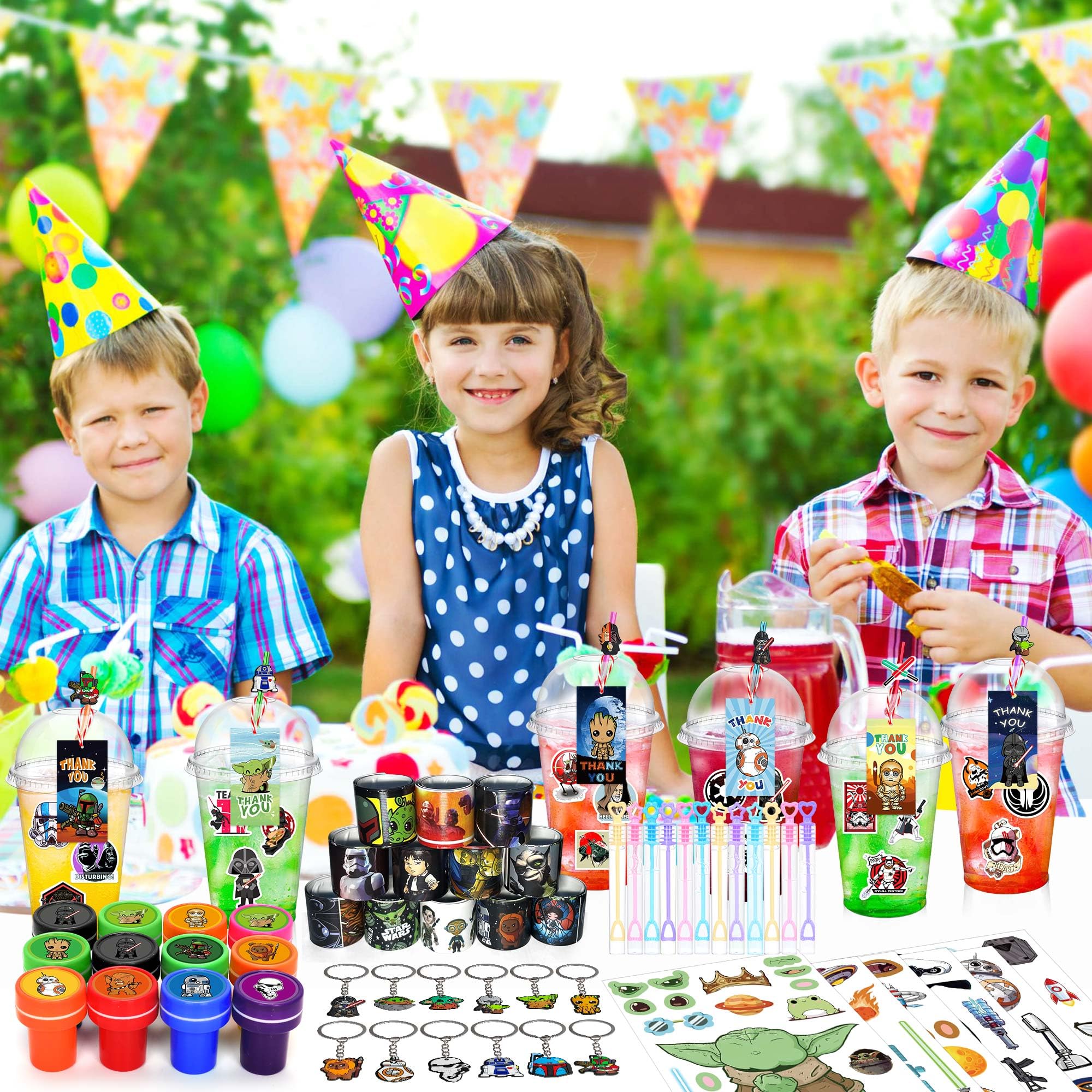 Kids Birthday Party Supplies - 146Pcs Party Favor Set Include 12 Cups, 12 Sticks Straw, 12 Keychains, 12 Face Stickers, 12 Thanks Cards, 12 Bubble Sticks, 12 Stamps, etc Gift for Kids Boys Girls