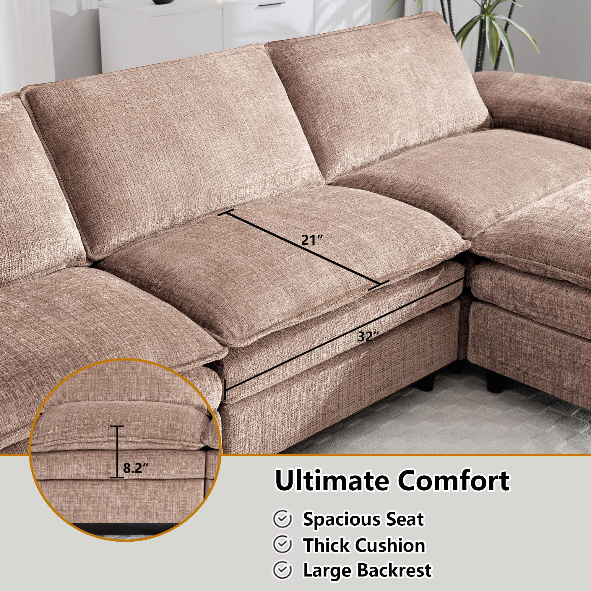 113.5" L Shaped Sectional Sofa, Modern Modular Cloud Couch with Movable Ottoman, 3 Seat Couches for Living Room, Apartment, Camel Chenille