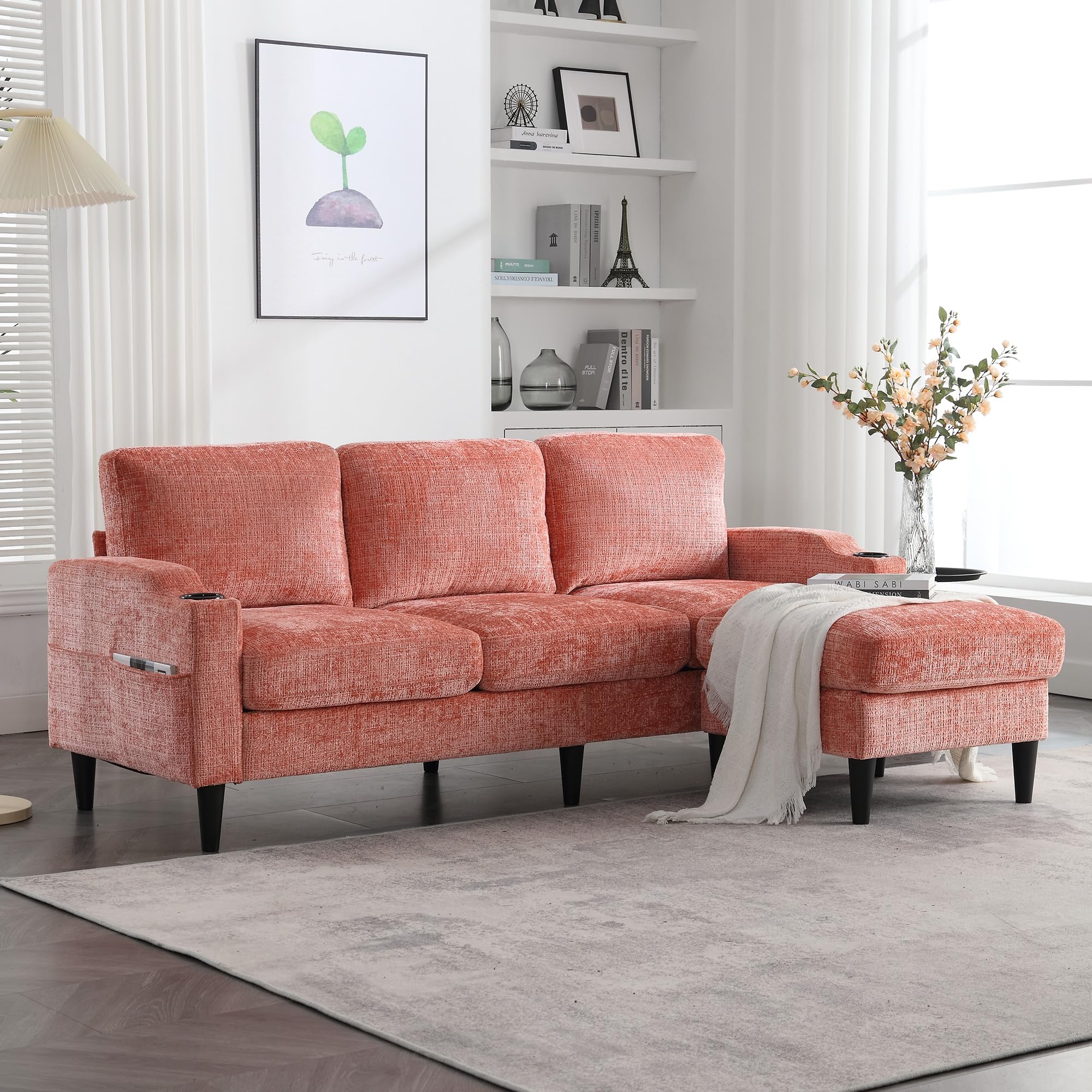 MOONMISS Convertible Sectional Sofa, 3 Seat L Shaped Sofa with Removable Pillows, Compact Spaces w/Reversible Ottoman Bench, Upholstered Sectional Couch for Living Room, Apartment, Dorm,Pink