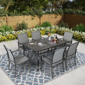 Crownland 7 Piece Patio Dining Set, Outdoor Textilene Dining Sets, 6 Textilene Metal Chairs and Rectangular Outdoor Dining Table with 1.57" Umbrella Hole (Grey)