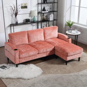 MOONMISS Convertible Sectional Sofa, 3 Seat L Shaped Sofa with Removable Pillows, Compact Spaces w/Reversible Ottoman Bench, Upholstered Sectional Couch for Living Room, Apartment, Dorm,Pink