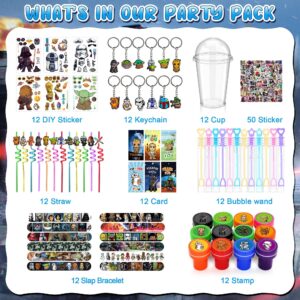 Kids Birthday Party Supplies - 146Pcs Party Favor Set Include 12 Cups, 12 Sticks Straw, 12 Keychains, 12 Face Stickers, 12 Thanks Cards, 12 Bubble Sticks, 12 Stamps, etc Gift for Kids Boys Girls