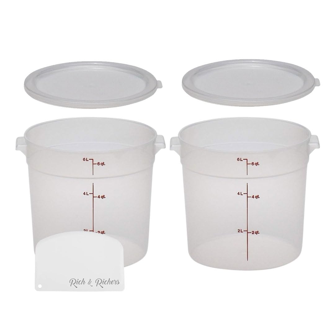 Cambro 6-Quart Round Food Storage Container with Lid - BPA-Free,2 pack with Scraper Bundle, Restaurant Containers with Lids for Bread Proofing, Clear Plastic Storage Bins with Lids