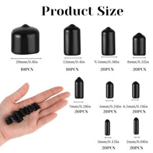 160 Pcs Rubber End Caps 2/25'' to 4/5'' Vinyl End Caps Flexible Rubber Caps Vinyl Tube Bolt Cap Rubber Screw Covers Black Bolt End Caps Screw Caps Thread Protectors for Metal Tube Rod Bolt(9 Sizes)