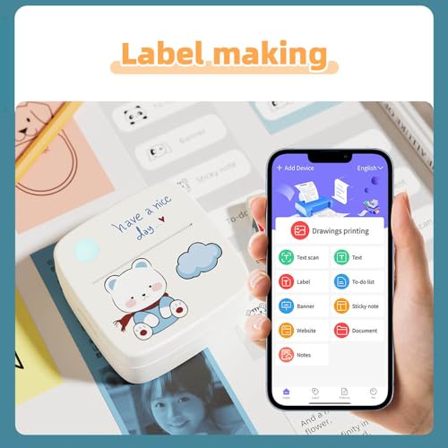 Label Printer,Mini Pocket Printer Portable Thermal Instant Photo Printing Label Maker Machine BT Wireless Connect Compatible with Android or iOS APP Support Receipt Label Memo Sticker Notes