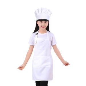 hovoten kids chef hat and apron set for cooking baking painting,adjustable kids aprons and chef hats set,chef costume,white,4-17 year