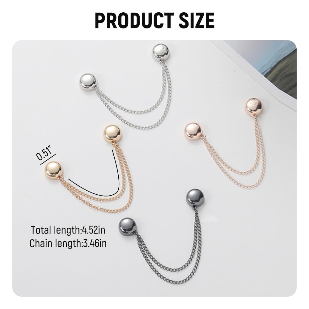 Multi-Function Magnetic Clothing Clips - Magnetic Clothing Clips with Chain Magnetic Buttons for Hijab, Loose T-Shirt Hems, Sleeves, Collar and Pants Hems (Silver - 4pcs)