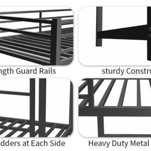 QSOSTNS Twin Over Twin Bunk Bed, Metal Low Profile Bunkbed with Side Ladder, Heavy-Duty Sturdy Metal, Noise Reduced, Safety Guardrail, No Box Spring Needed (Black)