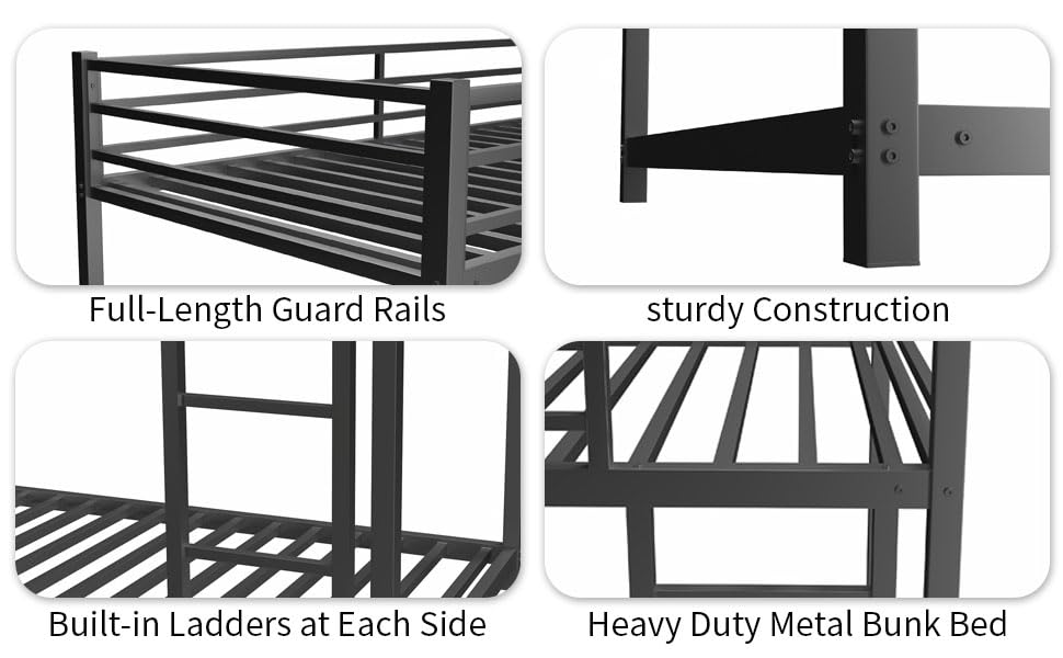 QSOSTNS Twin Over Twin Bunk Bed, Metal Low Profile Bunkbed with Side Ladder, Heavy-Duty Sturdy Metal, Noise Reduced, Safety Guardrail, No Box Spring Needed (Black)