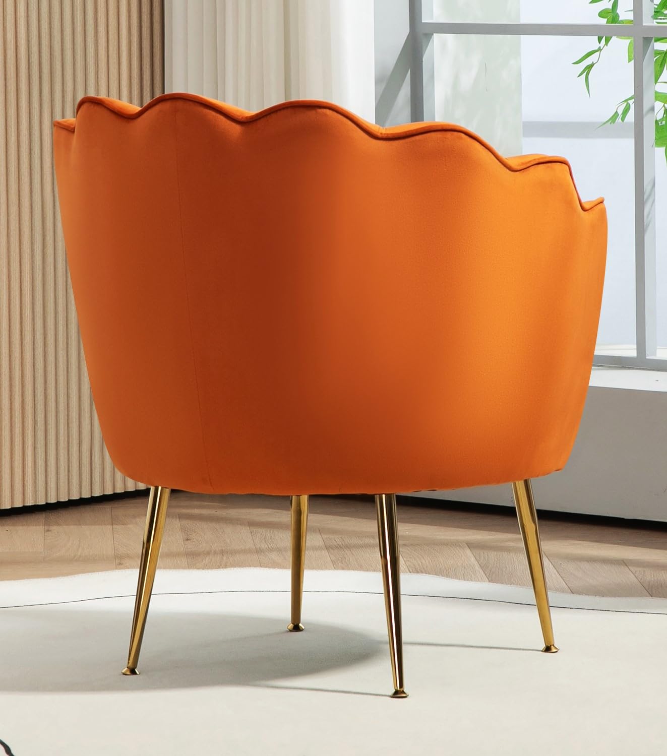 US Pride Furniture Velvet Barrel Chair, Stylish Accent with Scalloped Backrest and Gold Metal Legs, Suitable for Traditional, Modern, and Contemporary Living Rooms, Orange