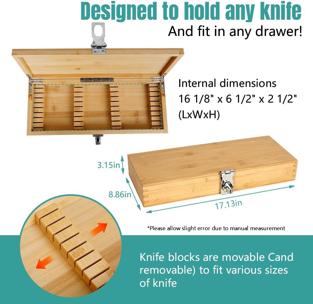 Knife Storage Box with Lock - Derkerry Kitchen Lockable Bamboo Knife Organizer - Knives Not Included